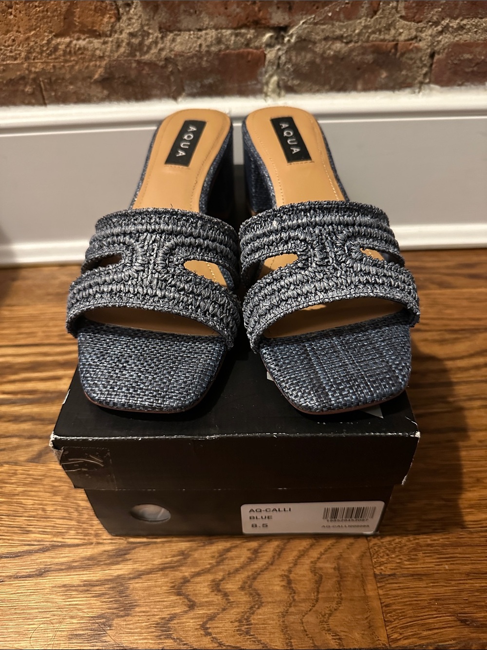 Aqua Denim-Textured Woven Slide Mules